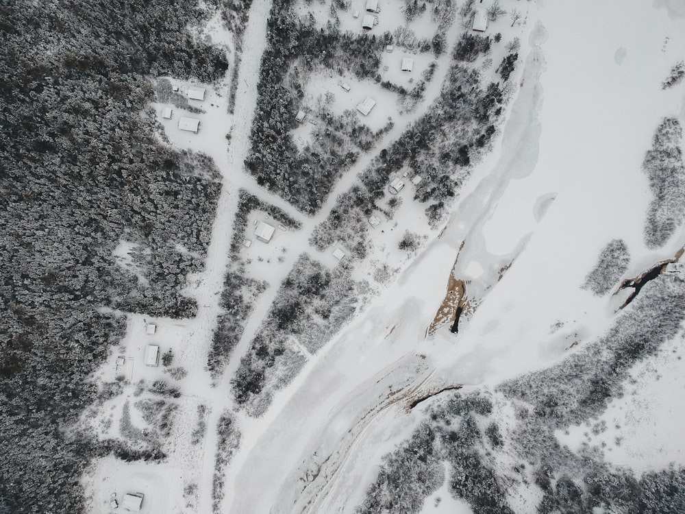 aerial photography of snow covered houses and trees during daytime