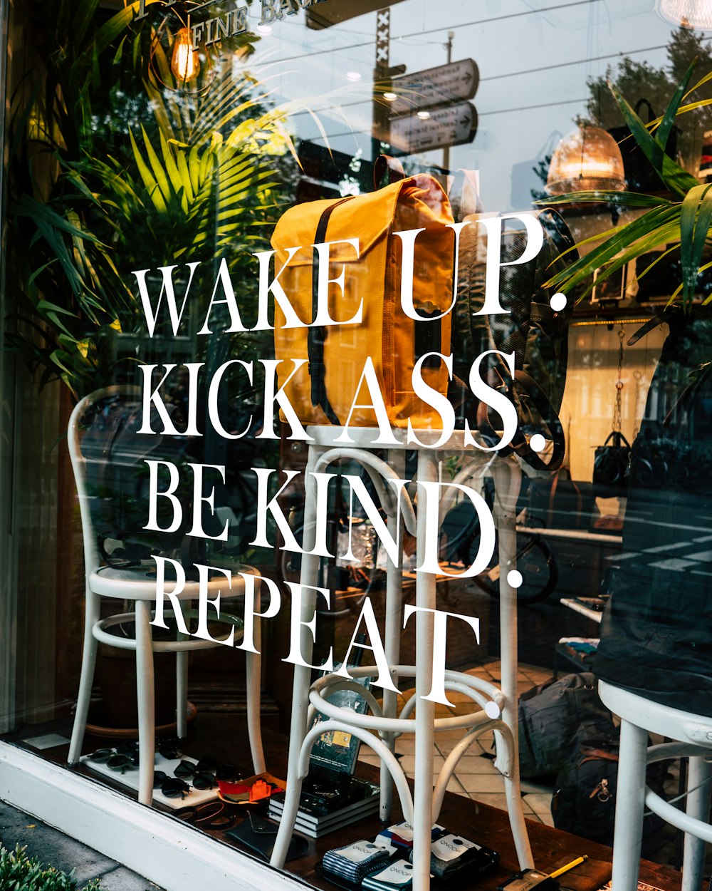 wake up kick ass. be kind. repeat printed glass wall