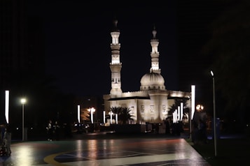 A beautifully illuminated mosque is set against the backdrop of the night sky. The building features two tall minarets and a central dome, highlighted by soft, glowing lights. Decorative, palm-like motifs are partially visible along with some shadowed trees in the foreground, contributing to the serene ambiance.