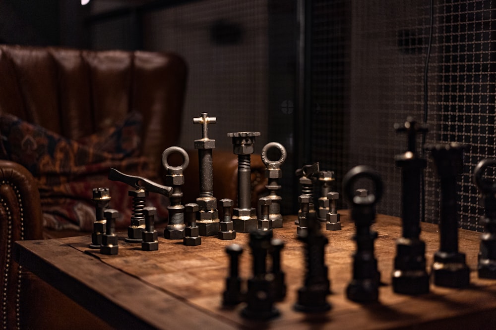 gray metal chessboard set