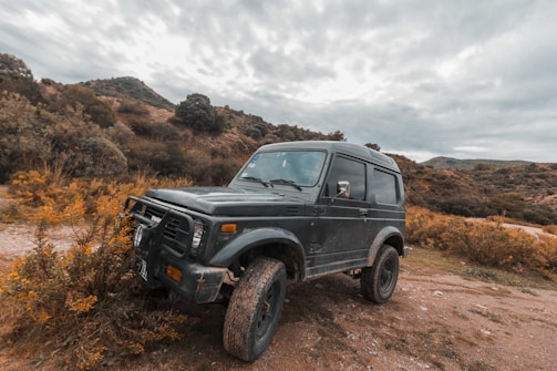 parked black SUV on dirt and plant field