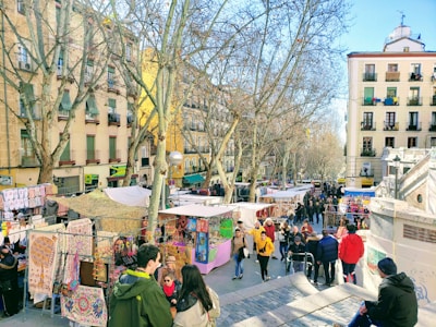 A vibrant outdoor market bustling with people. Colorful stalls with various items, including textiles and accessories, line the street. The market is surrounded by tall, leafless trees and residential buildings with multiple floors. People are seen walking, browsing, and interacting with each other under a clear blue sky.