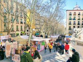 A vibrant outdoor market bustling with people. Colorful stalls with various items, including textiles and accessories, line the street. The market is surrounded by tall, leafless trees and residential buildings with multiple floors. People are seen walking, browsing, and interacting with each other under a clear blue sky.