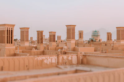 The windcatchers above the mud-brick roofs of the old city — Yazd, Iran