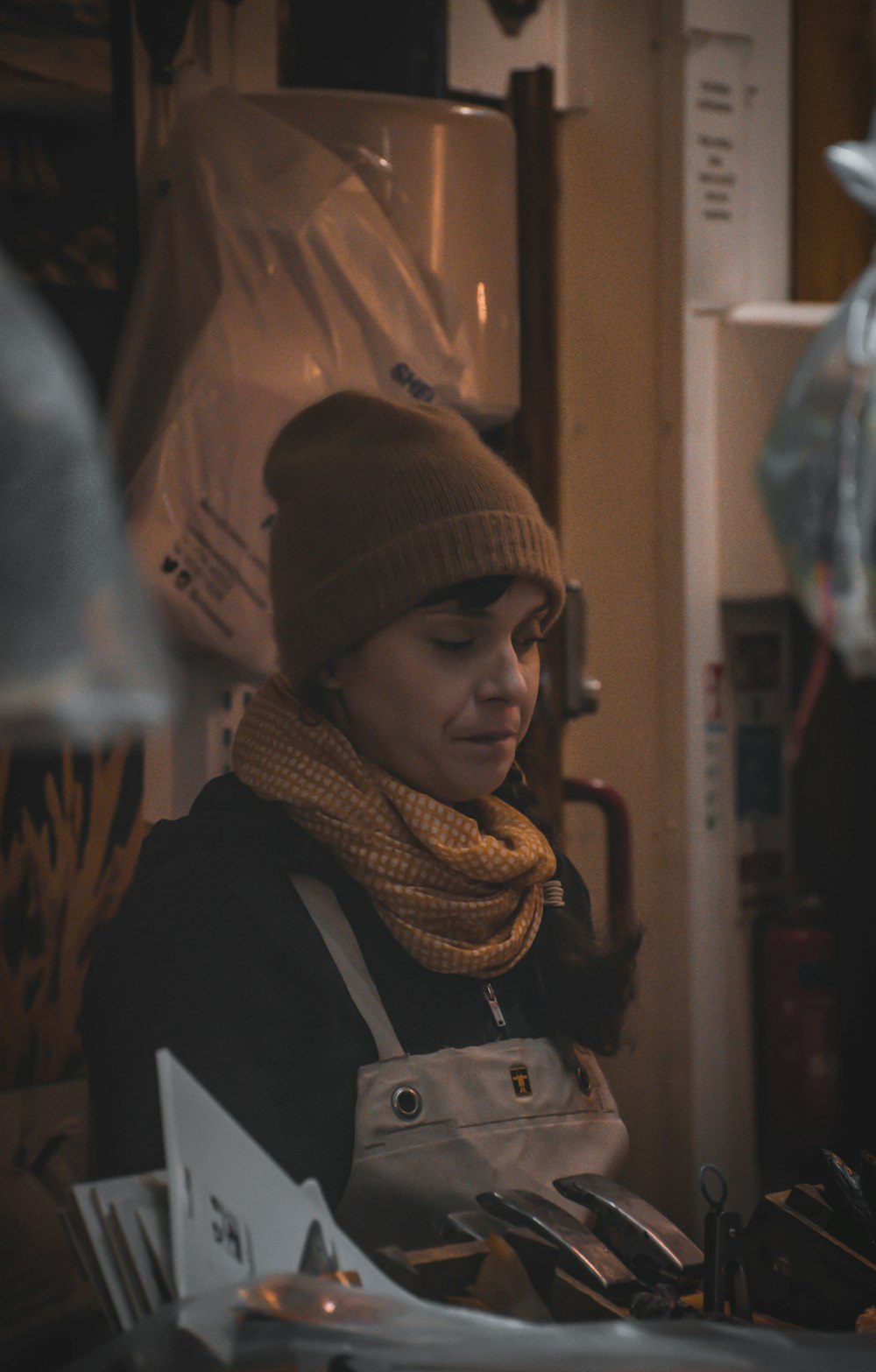 woman wearing brown knit cap