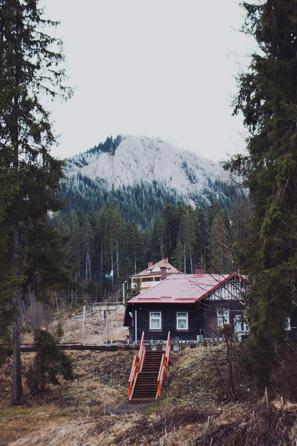 building and stairs on field near trees during day