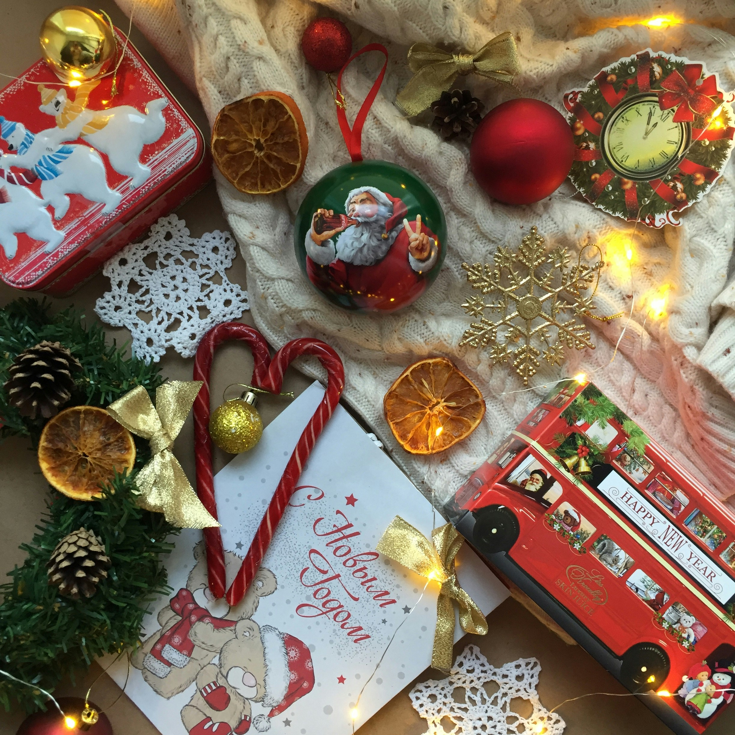 assorted-color Christmas decor lot]