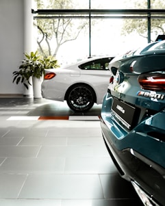 Two luxury cars are parked inside a well-lit showroom with large windows and a view of trees outside. The cars appear to have a sleek, modern design, and the setting includes tiled flooring and plants.