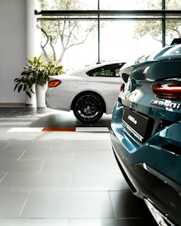 Two luxury cars are parked inside a well-lit showroom with large windows and a view of trees outside. The cars appear to have a sleek, modern design, and the setting includes tiled flooring and plants.
