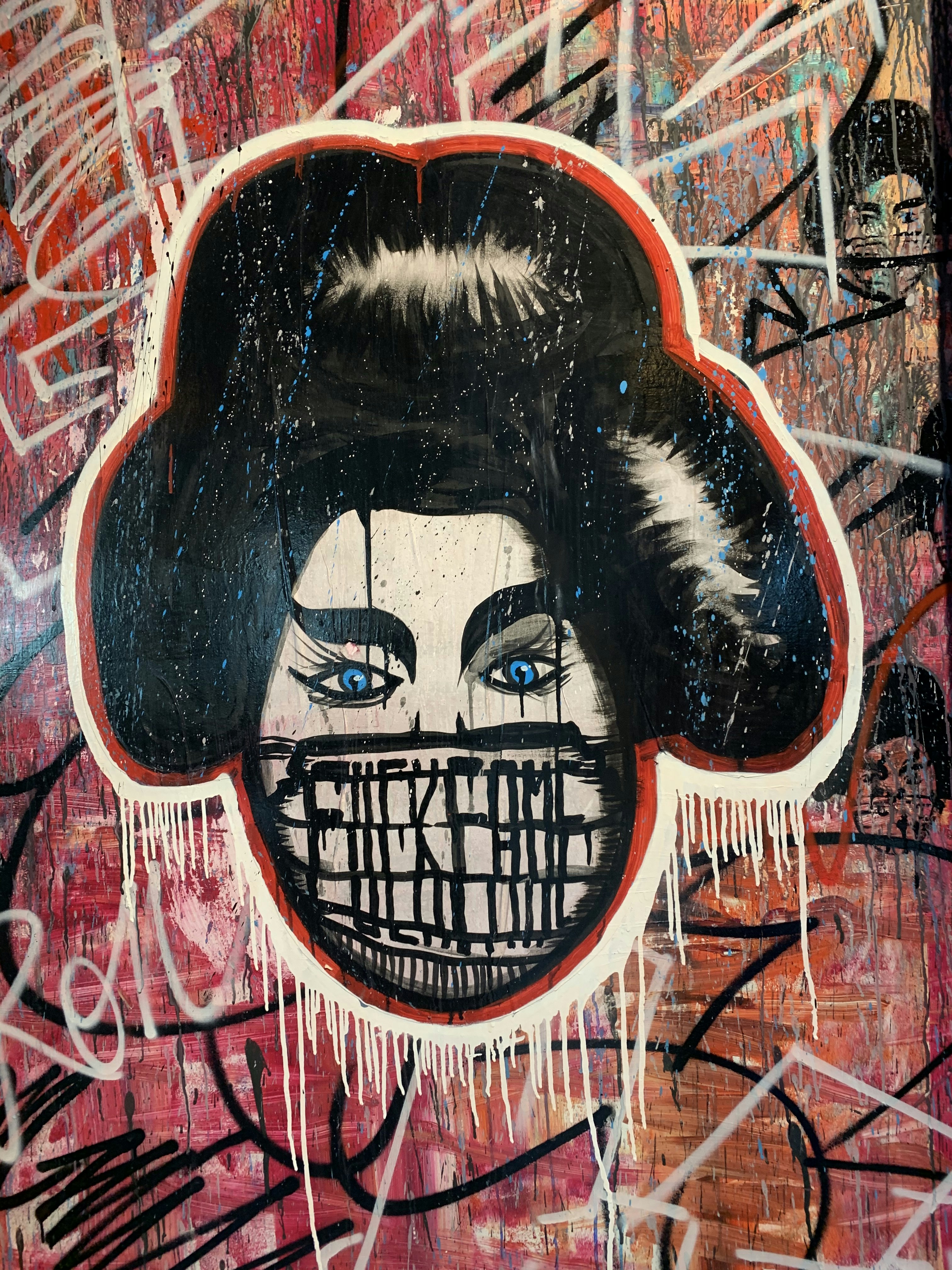 mouth and nose covered woman mural