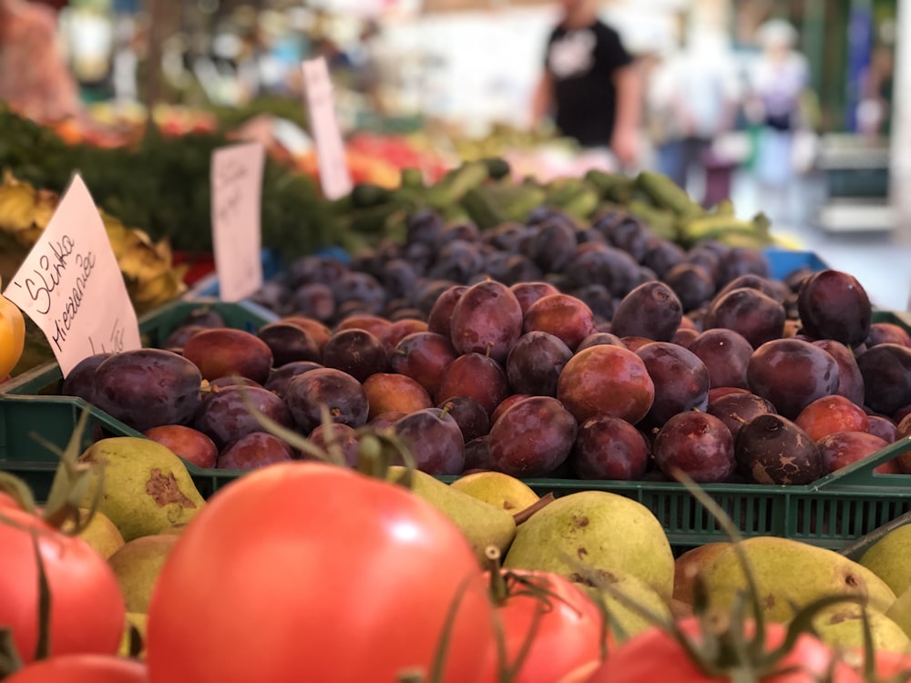 a display of fruits and vegetables at a market