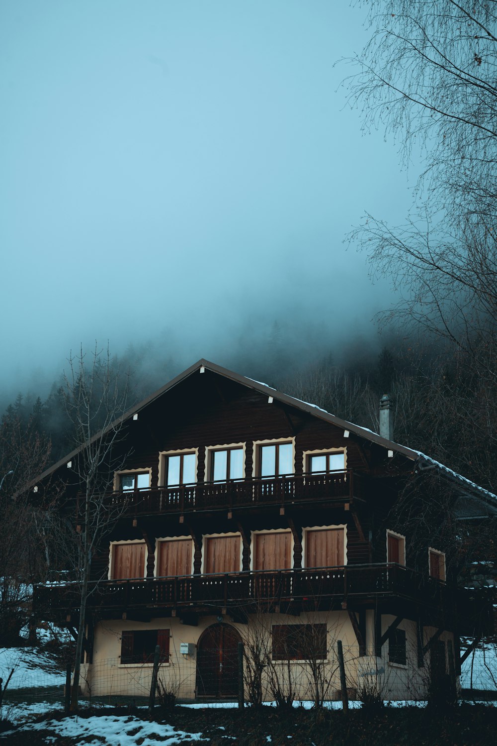 brown wooden house on snowy field surrounded with green trees in foggy day