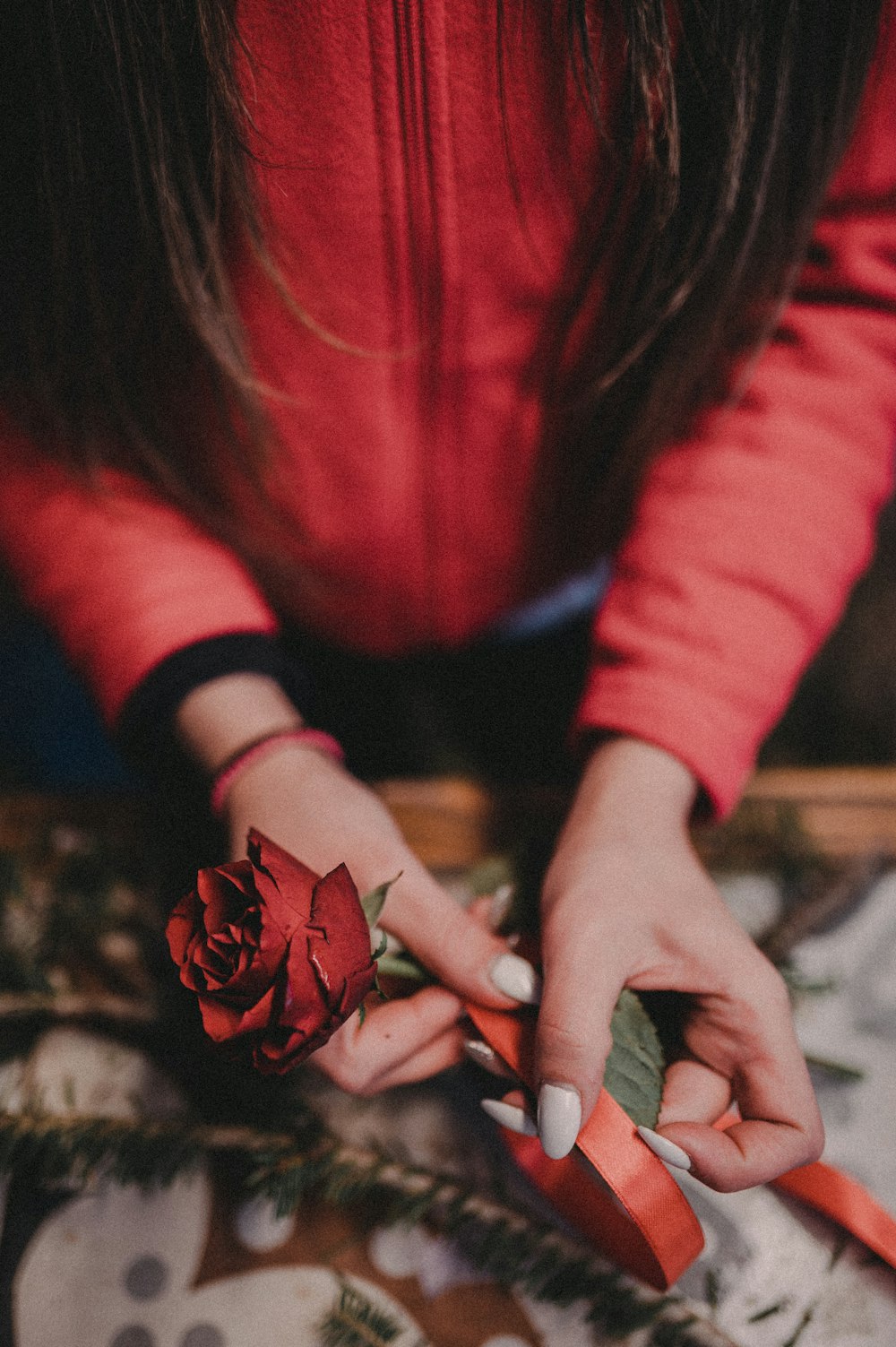 person holding red rose flower and red ribbon