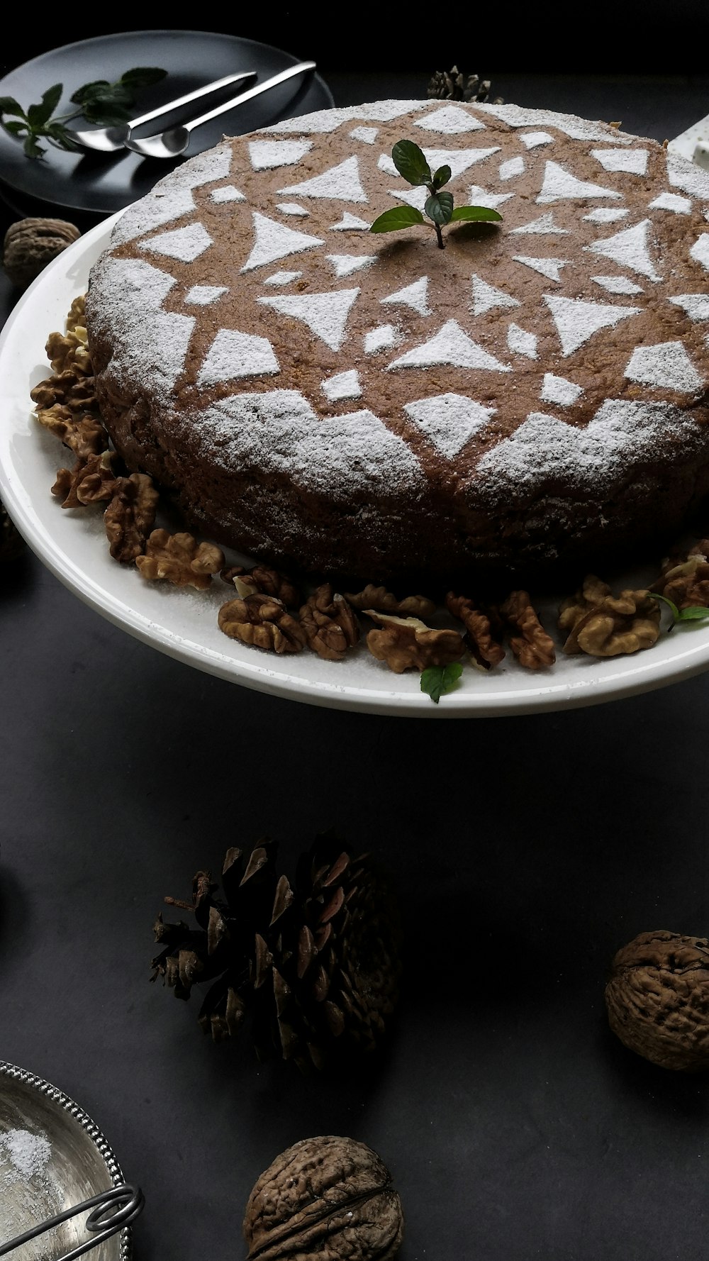 a chocolate cake on a white plate with walnuts