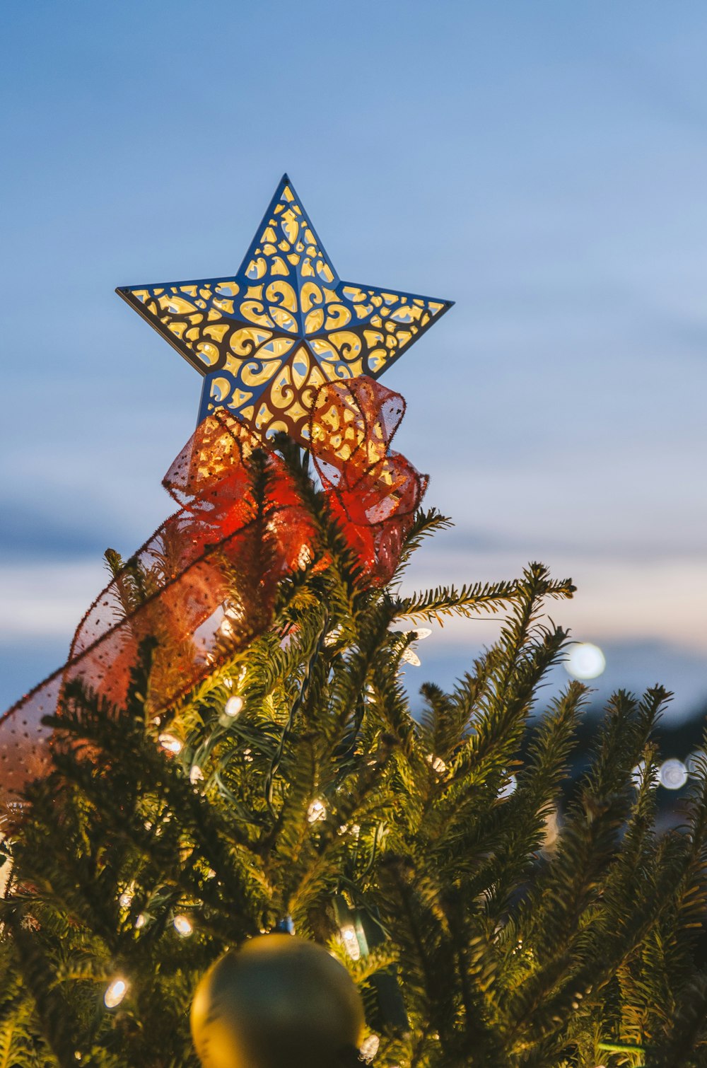 Christmas tree with string lights and star topper