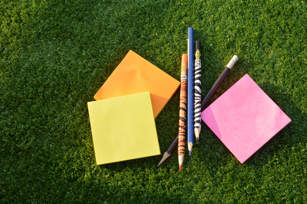 Bleistifte und Klebeetiketten auf Gras