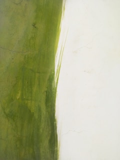 A textured surface with a vertical stripe of green paint against a beige or off-white background. The paint appears uneven and has natural variations and cracks.