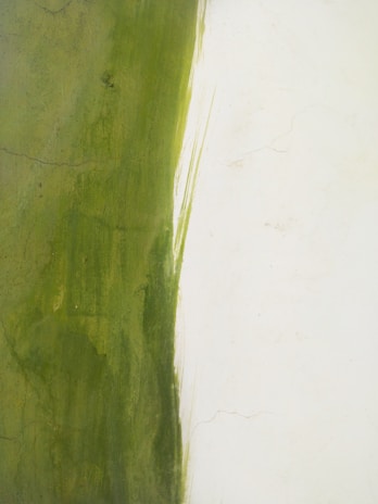 A textured surface with a vertical stripe of green paint against a beige or off-white background. The paint appears uneven and has natural variations and cracks.