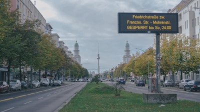 An urban street scene with a road lined by parked cars and trees on both sides. A digital road sign displays traffic information in German. In the distance, a historic building with twin towers and a green dome is visible. The sky is overcast, giving the scene a subdued appearance.