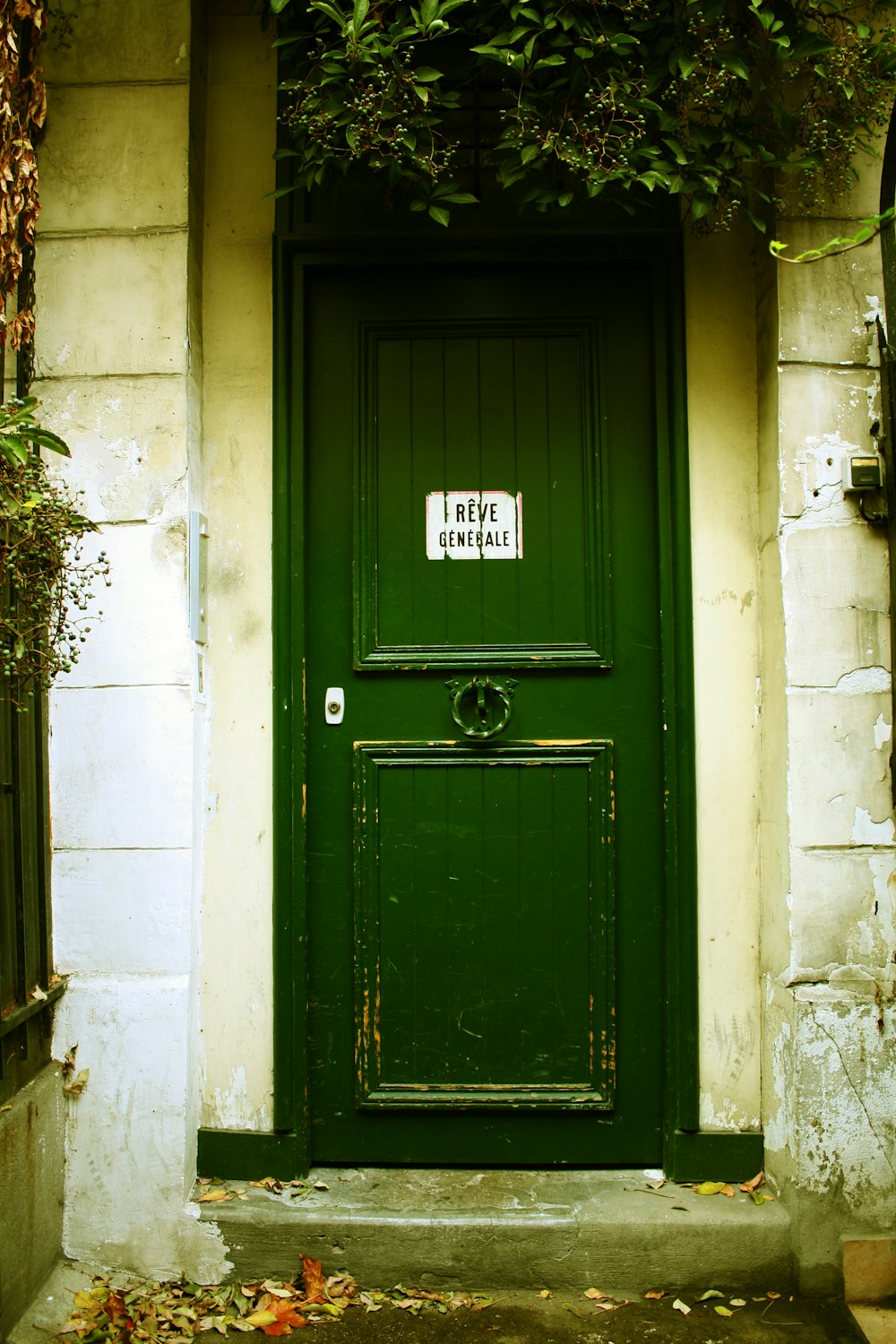 white building showing closed green wooden door