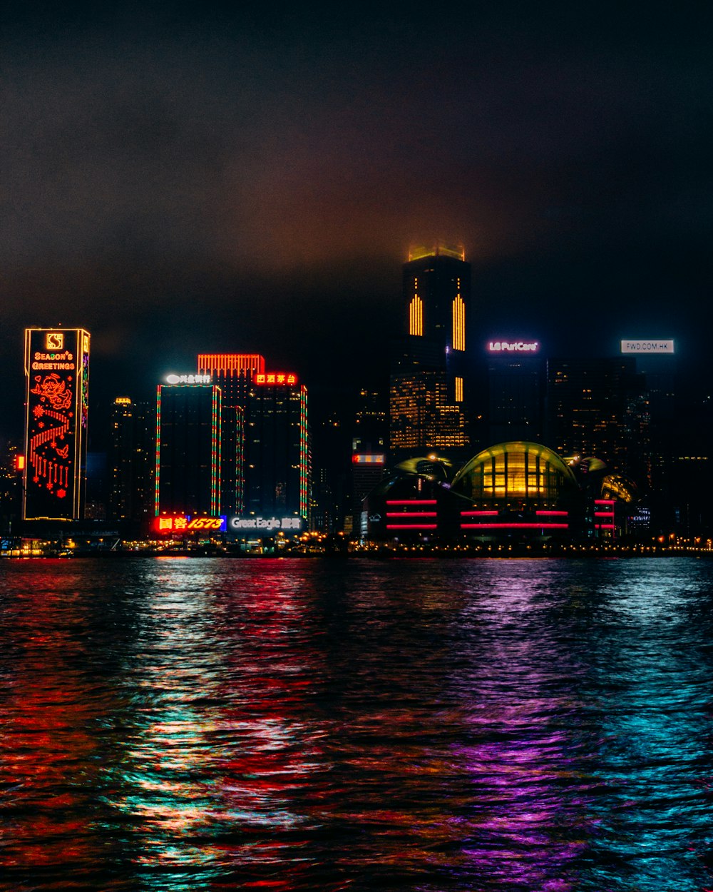 a large body of water with a city in the background