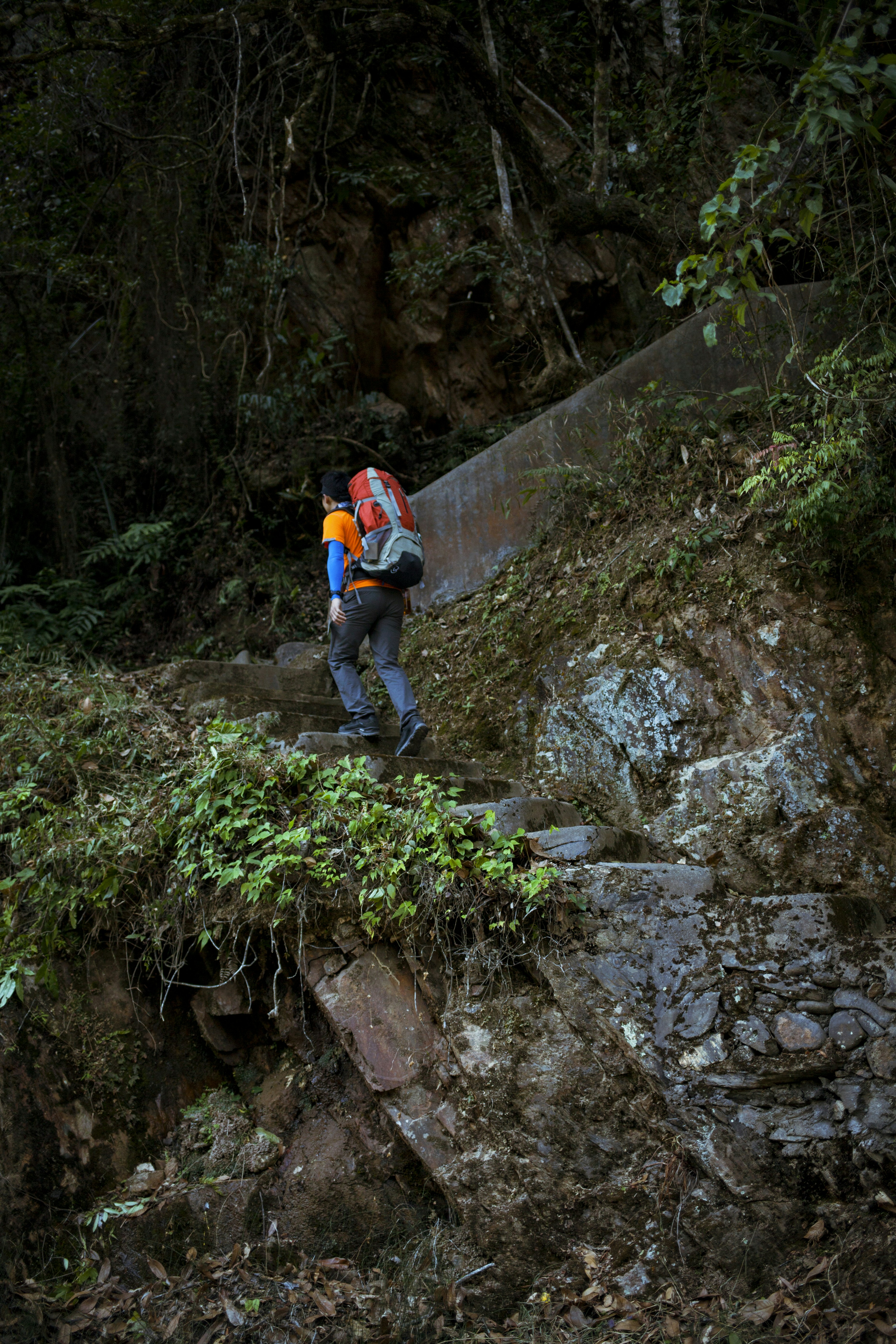 person walking in stairway near cliff
