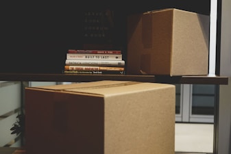 two brown boxes and DVD cases on rack