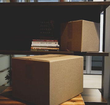 two brown boxes and DVD cases on rack