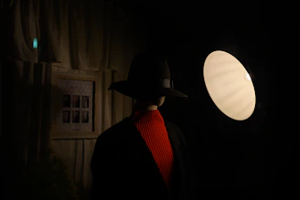 A dark room with mannequins dressed in nightmare threads, illuminated by a single swinging bulb.