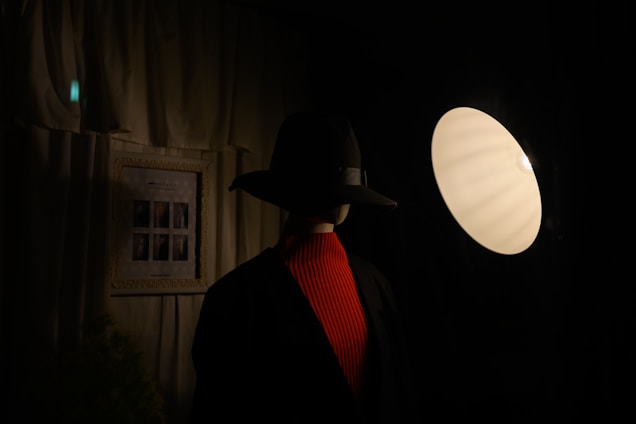 A sunlit studio corner with a mannequin dressed in a chic, flowing outfit from the latest collection.