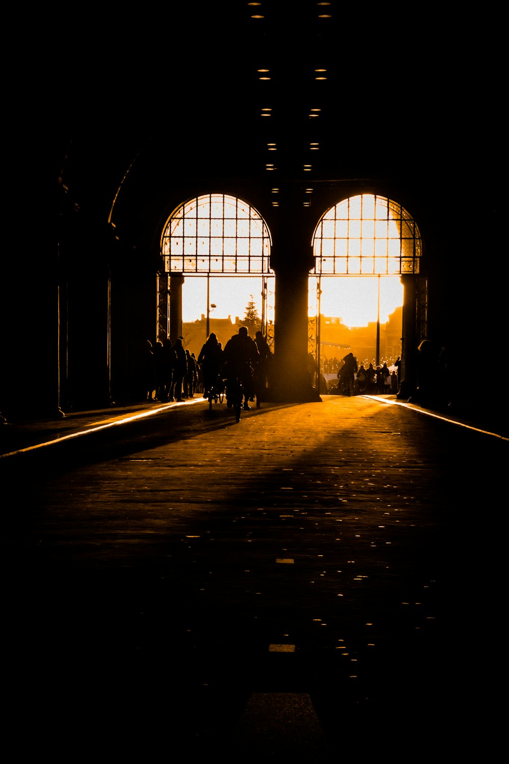 a group of people riding bikes down a tunnel