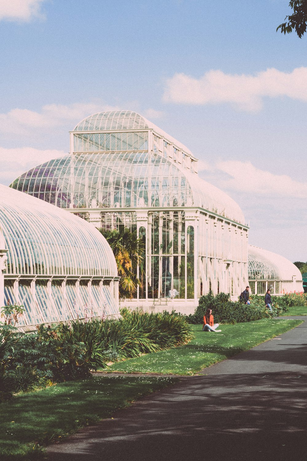 a walkway leading to a large glass house