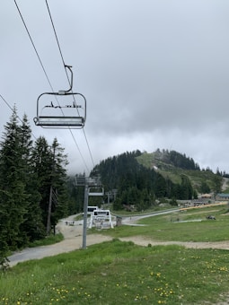 A ski lift is seen suspended over a mountainous landscape with a backdrop of dense evergreen forest. The sky is overcast, creating a moody atmosphere, while the ground features grassy areas with small yellow flowers. Some people are visible near the base of the lift.