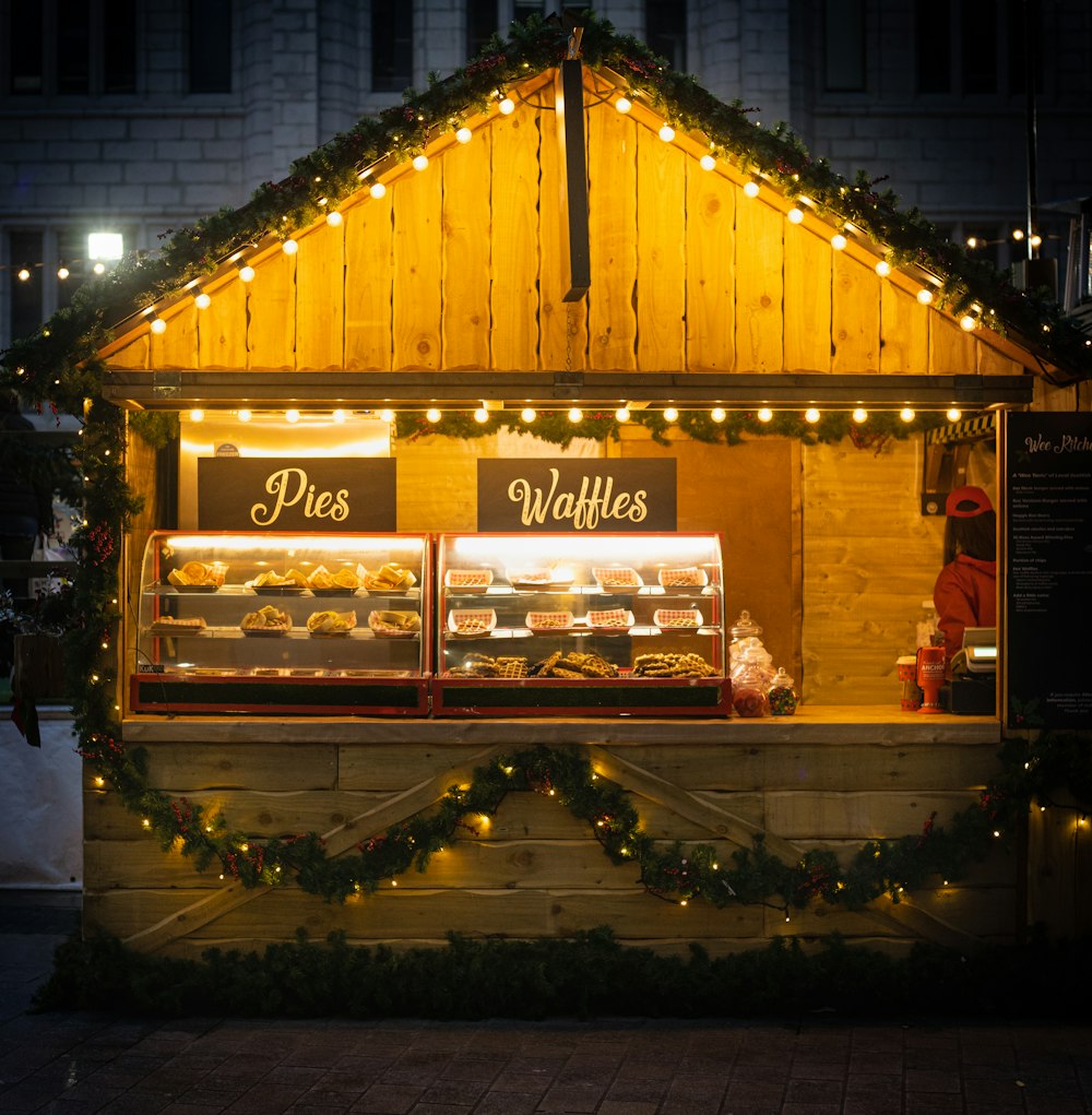 pies and waffles displayed in booth