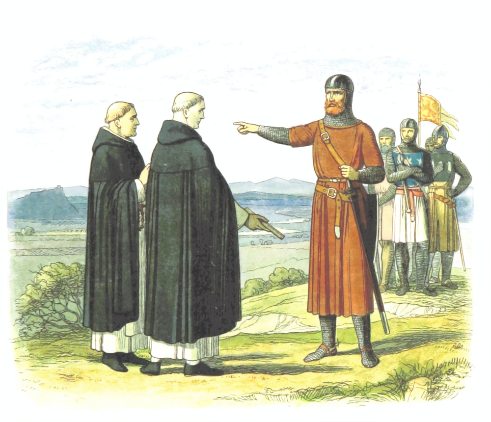 two priests standing in front of a soldier painting