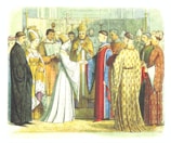 A historical scene depicts a wedding ceremony with ornate clothing. The bishop in the center officiates the ceremony, with attendants holding a book and various onlookers in richly decorated garments. The setting resembles a grand hall with intricate patterns and decorations.