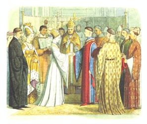 A historical scene depicts a wedding ceremony with ornate clothing. The bishop in the center officiates the ceremony, with attendants holding a book and various onlookers in richly decorated garments. The setting resembles a grand hall with intricate patterns and decorations.
