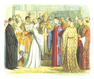 A historical scene depicts a wedding ceremony with ornate clothing. The bishop in the center officiates the ceremony, with attendants holding a book and various onlookers in richly decorated garments. The setting resembles a grand hall with intricate patterns and decorations.