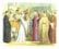 A historical scene depicts a wedding ceremony with ornate clothing. The bishop in the center officiates the ceremony, with attendants holding a book and various onlookers in richly decorated garments. The setting resembles a grand hall with intricate patterns and decorations.