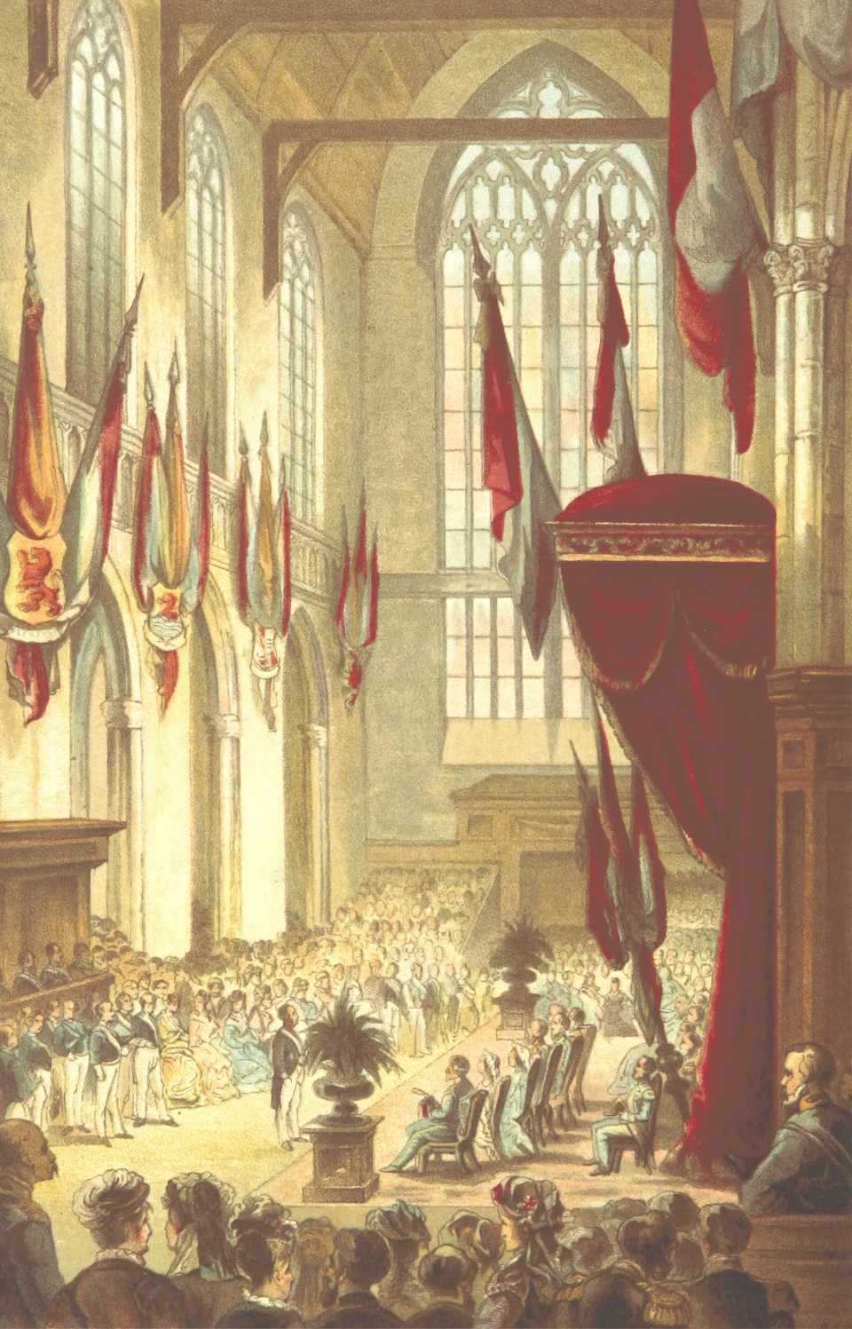 Formal event attendees gather in grand hall with high ceilings and large windows