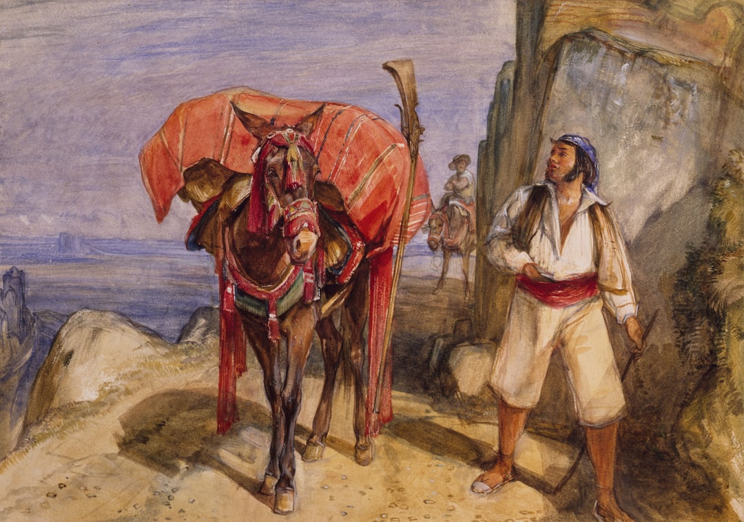 man standing beside horse painting