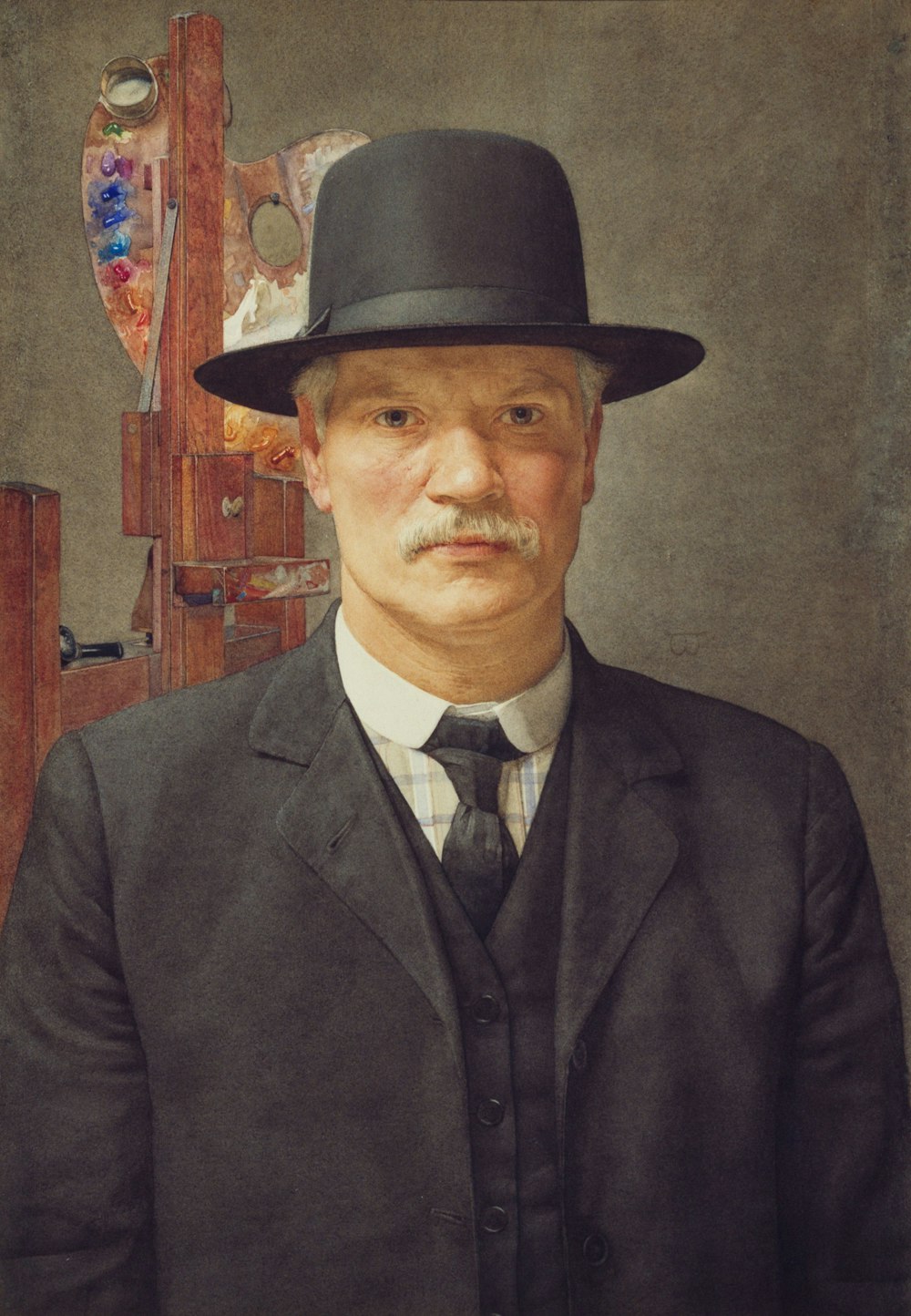 man in black suit painting