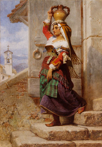a painting of a woman with a pot on her head
