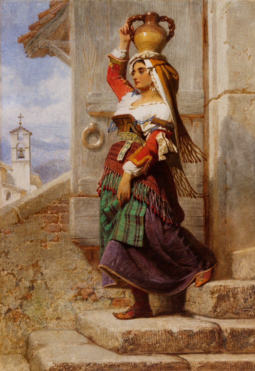 ein Gemälde einer Frau mit einem Topf auf dem Kopf