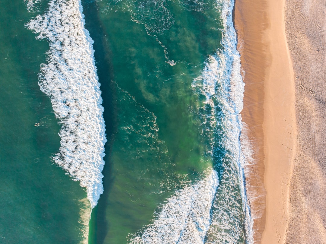 an aerial view of a beach and ocean, Waves