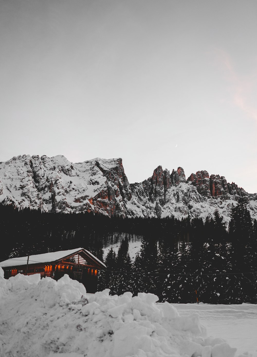 cabin near trees on snowfield during day