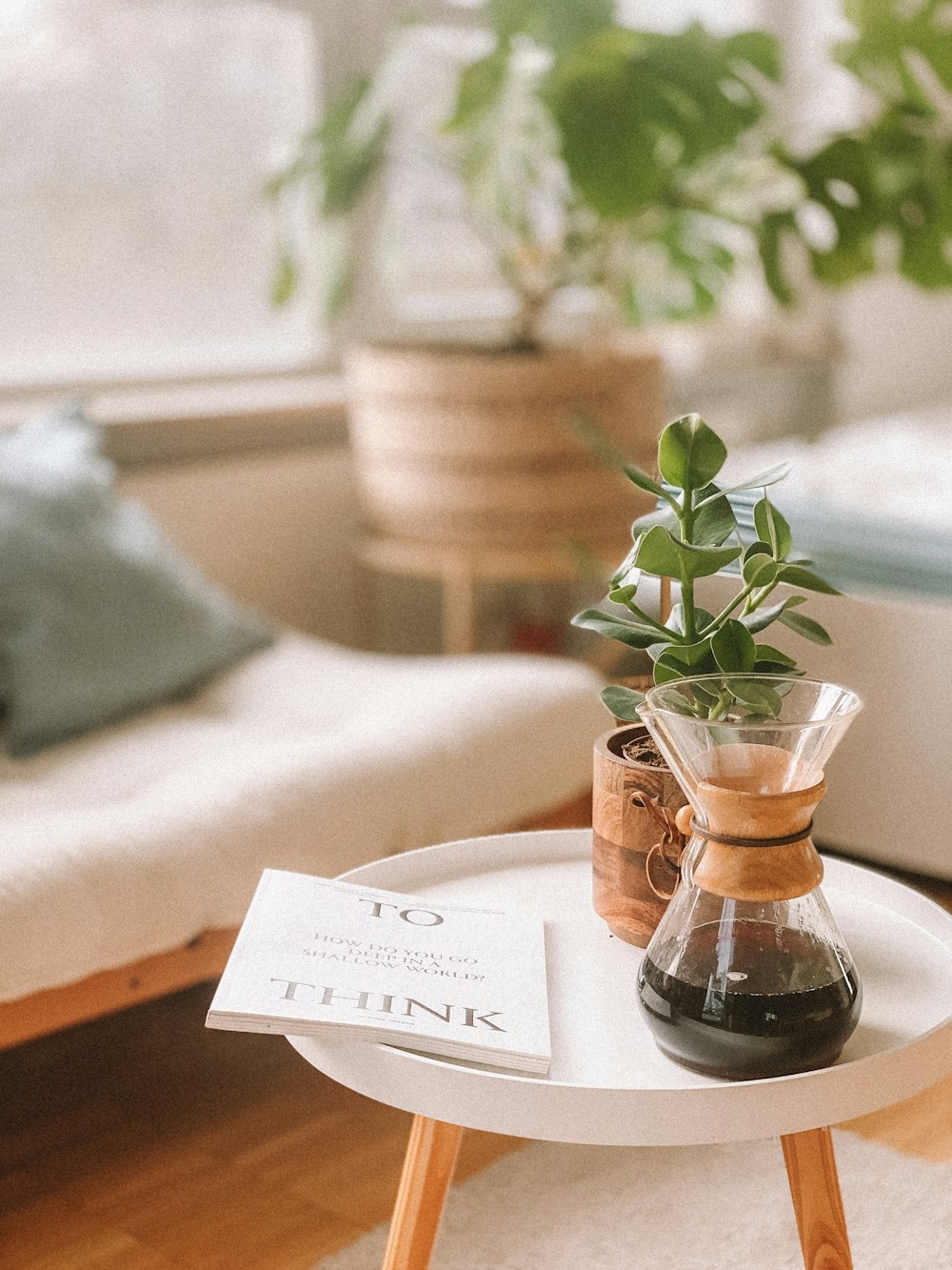 book beside clear glass container with filter and green leaf plant in pot