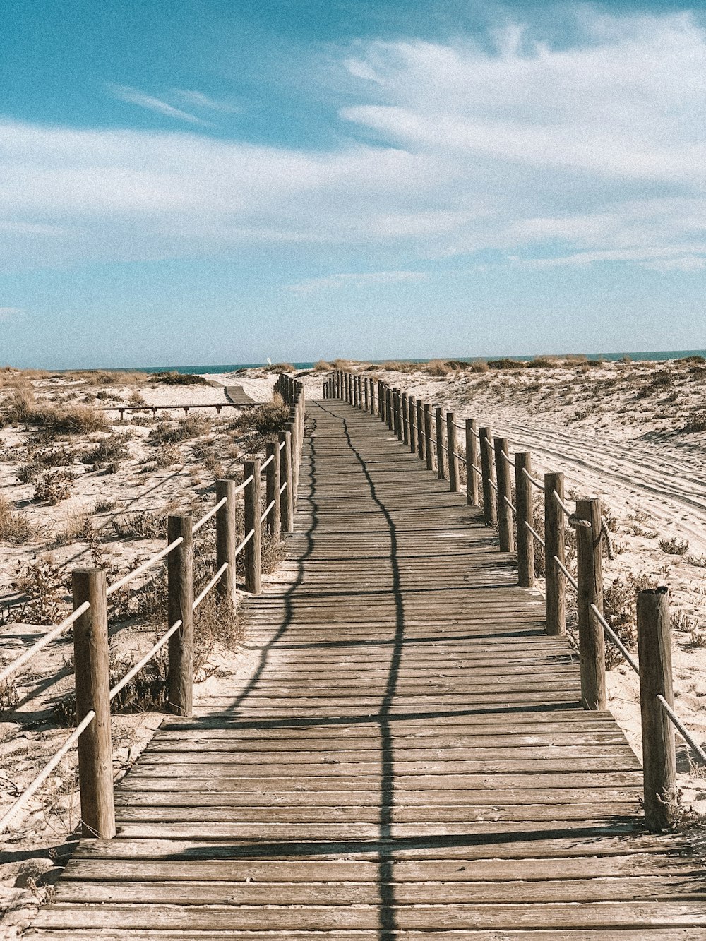 brown wooden pathway with railings on seashore during day