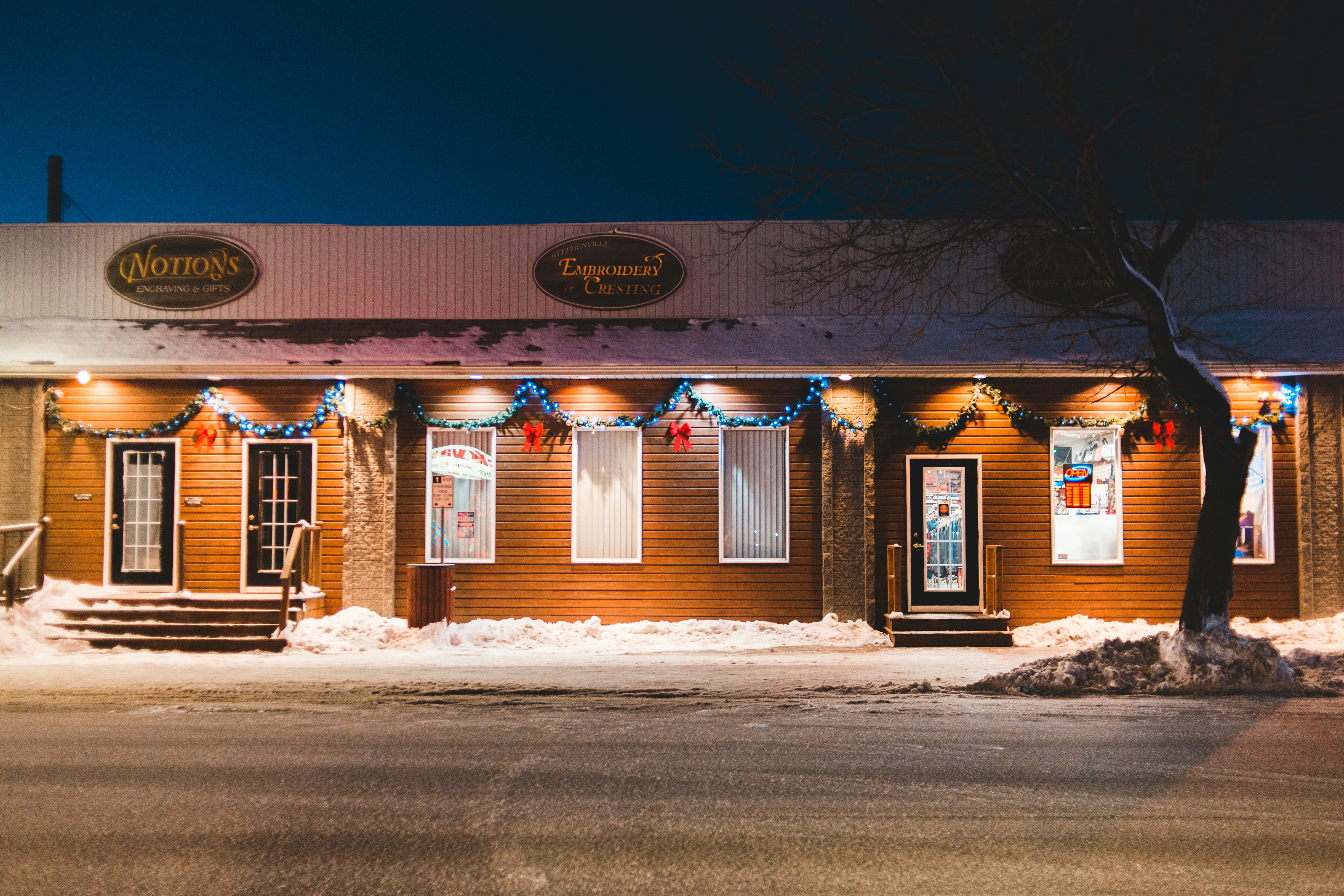 snow covered building during night