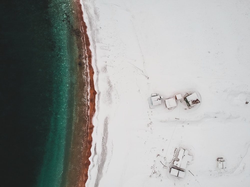 snow covered buildings and shore